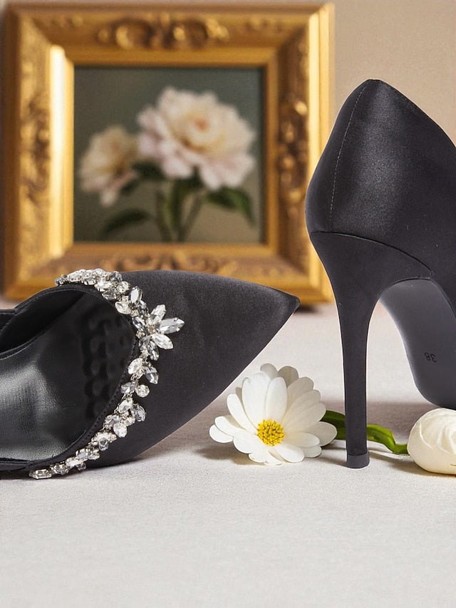Crystal Women's Satin Pointed Heels Embellishment with Toe
