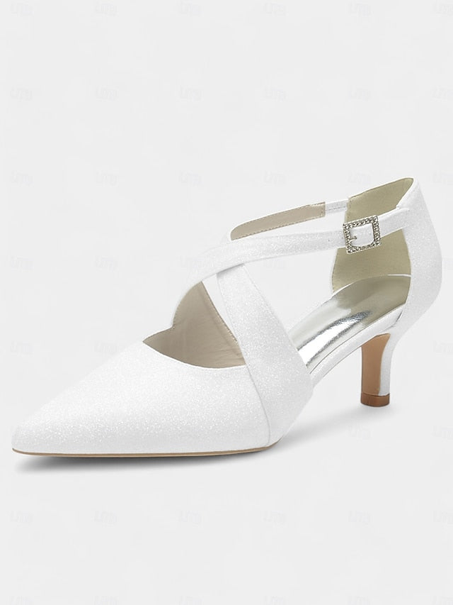 White Heels Glitter Cross Rhinestone Buckle with Kitten Strap