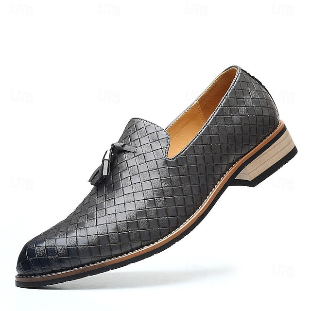 Faux Men's Loafers Woven with Detail Tassel Leather Black