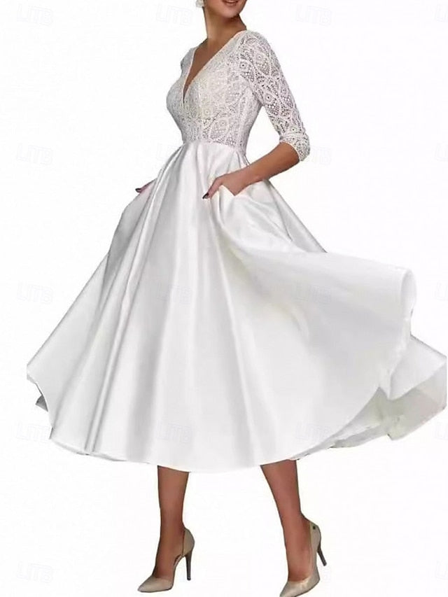 Tea A-Line Dress Elegant V Mother of the Simple Neck Bride