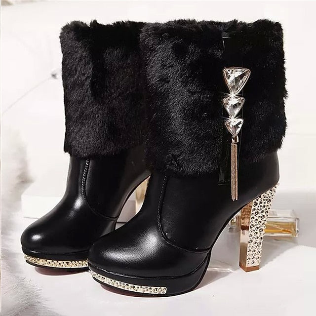 Boots Ankle Rhinestone with Women's Heels Faux - Fur White
