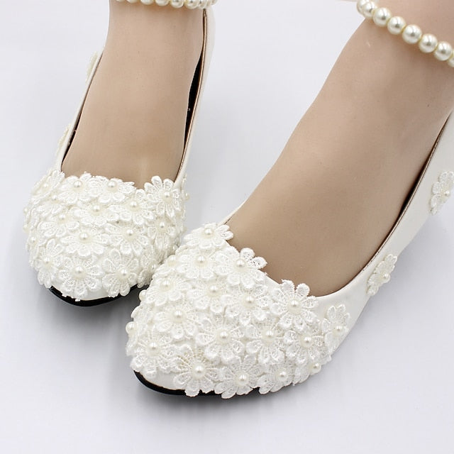 White Pearl Lace Wedding Floral Heels – Women's Decorated