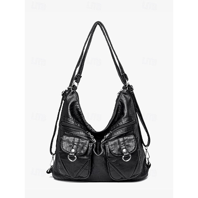 Brown Leather Women's Bag Multiple Faux Pockets with Hobo