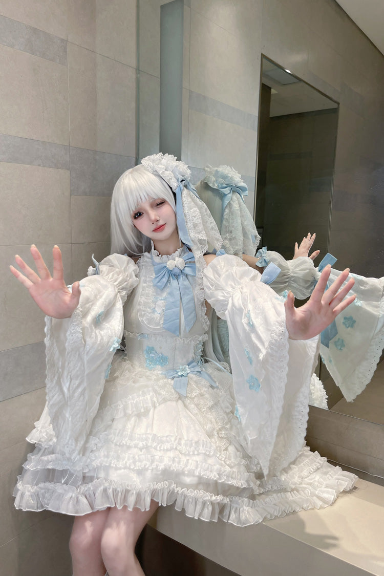 Ivory Detachable Flared Sleeves Triple Ruffles Bow Lace Lolita Dress