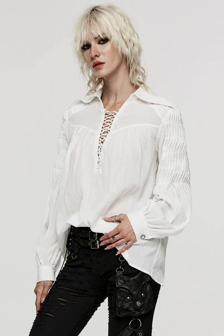 Women's Turn-Down Collar Long Sleeve Lace Ruched Gothic Blouse Two Tones