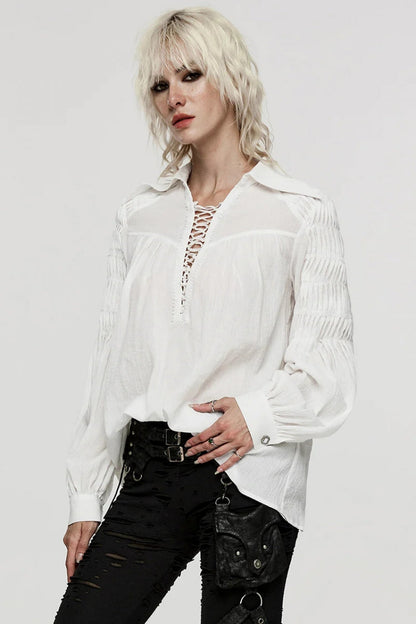 Women's Turn-Down Collar Long Sleeve Lace Ruched Gothic Blouse Two Tones