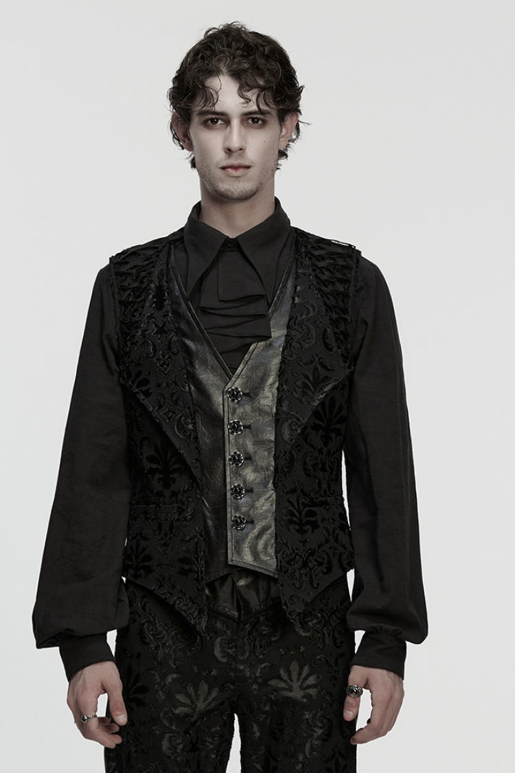 Ebony Long-Sleeve V-Neck Floral Embroidered Men's Gothic Vest