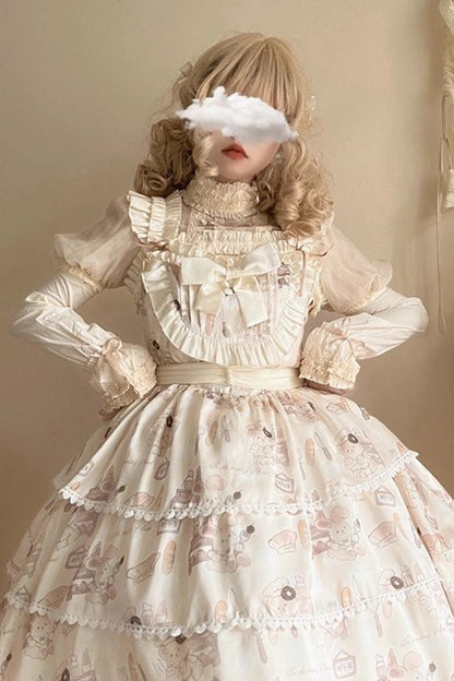 Plus Size Sweet Lolita JSK Gown with Triple-Layer Ruffles & Printed Bow