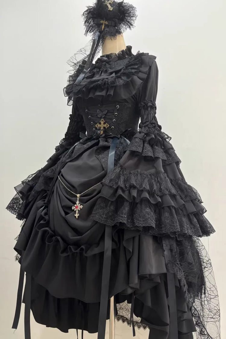 Gothic Lolita Skirt Dress Set with Long Hime Sleeves and Bow in Black