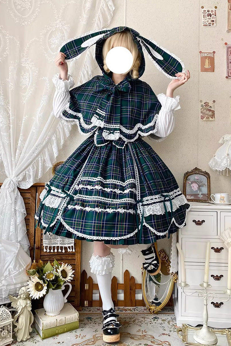 Emerald Gingham Petal Bunny Printed Ruffled Bow Sweet JSK