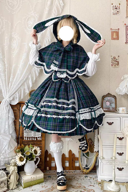 Emerald Gingham Petal Bunny Printed Ruffled Bow Sweet JSK
