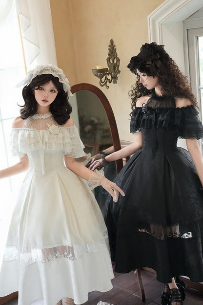Elegant Lolita Dress with Off-Shoulder Neckline and Ruffle Print in Black