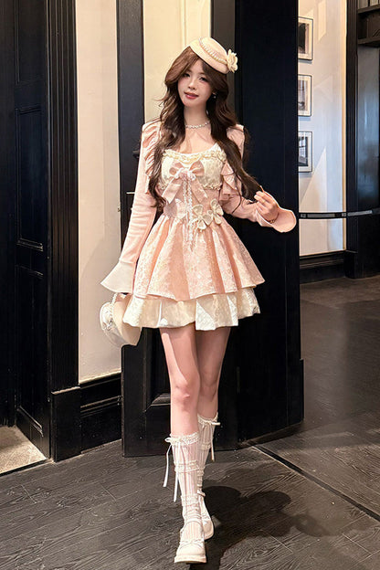 Blush Square Collar Long-Sleeve Printed Ruffle Bow Dress with Cardigan - Honeyed Blossoms