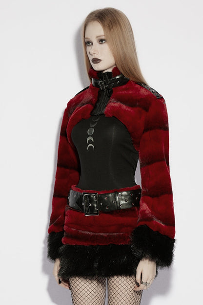 Crimson High-Neck Punk Faux Fur Short Cape with Buckle Straps