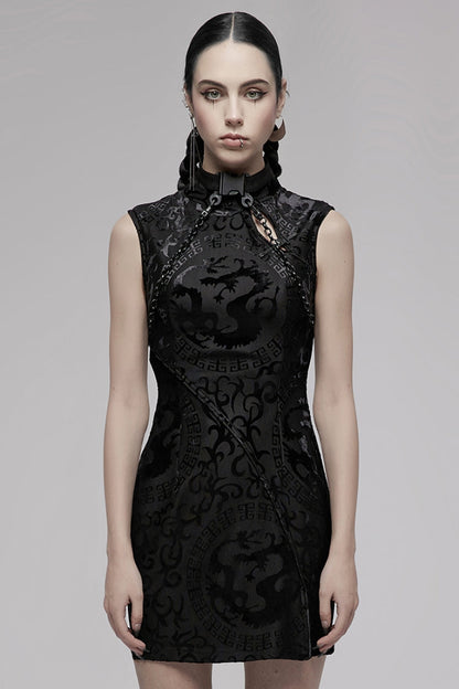 No-Sleeve Dragon Totem Print Gothic Dress
