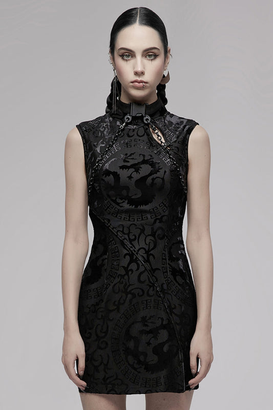 No-Sleeve Dragon Totem Print Gothic Dress