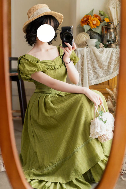 Emerald Square Neck Short Sleeve Ruffled Bow Vintage Elegant Lolita Gown