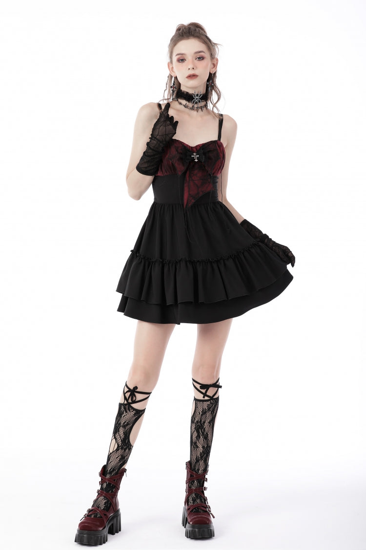 Crimson & Obsidian Sleeveless Bowknot Lace-Up Double-Layered Frilly Gothic Slip Graduation Dress