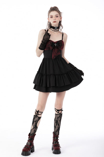 Crimson & Obsidian Sleeveless Bowknot Lace-Up Double-Layered Frilly Gothic Slip Graduation Dress
