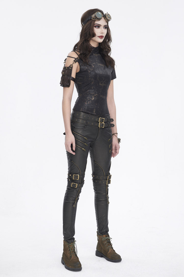 Graphic Spaghetti-Strap Punk Top with Buckle Accents