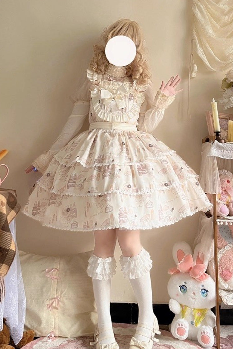 Plus Size Sweet Lolita JSK Gown with Triple-Layer Ruffles & Printed Bow