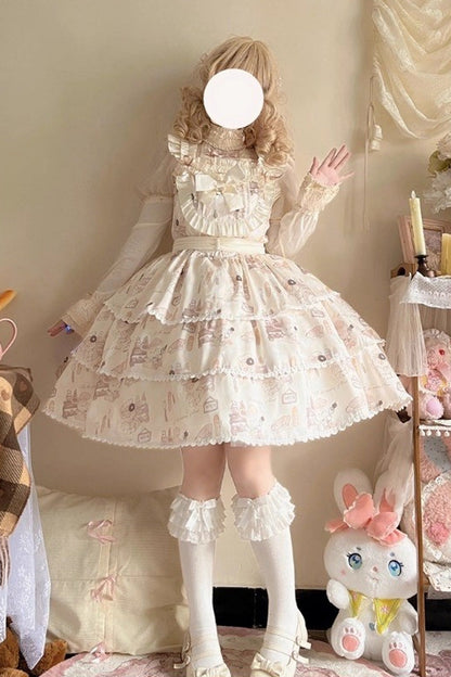 Plus Size Sweet Lolita JSK Gown with Triple-Layer Ruffles & Printed Bow