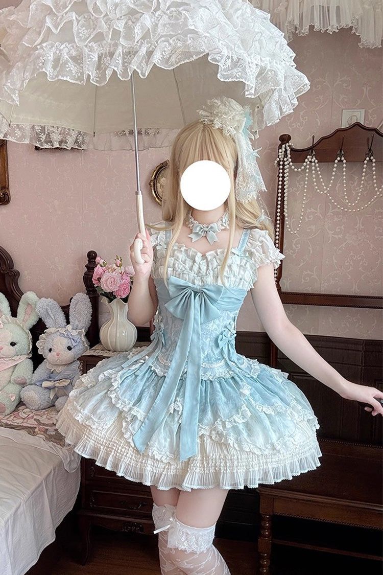Emerald Short Sleeve Multi-Layer Ruffle Embroidery Bow Lace-Up Sweet Elegant Ballet Lolita Jumper Dress