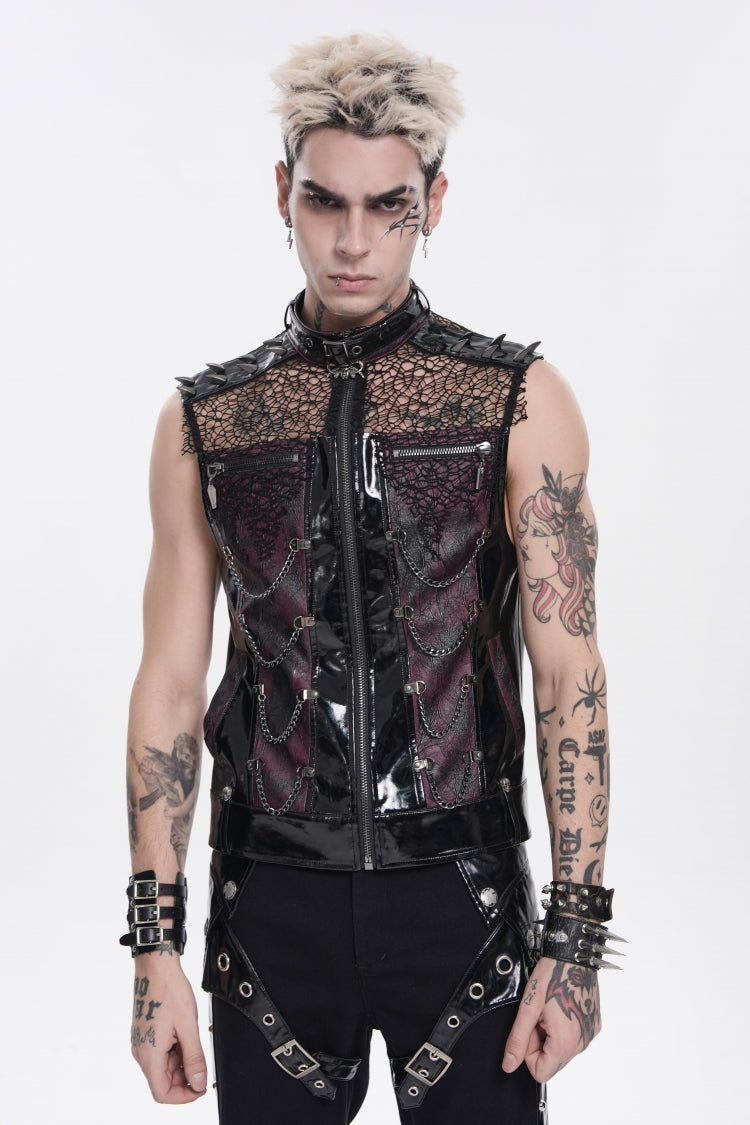 Men's Black Punk Vest, Spliced Mesh with Studs, Zippers and Eyelets