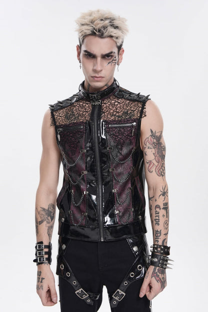 Men's Black Punk Vest, Spliced Mesh with Studs, Zippers and Eyelets