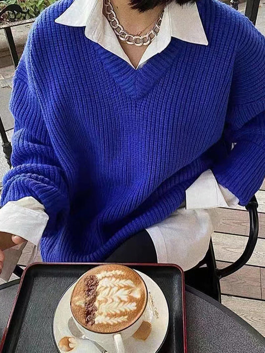 Simple Loose Klein Blue V-Neck Long Sleeve Knit Sweater AN1066