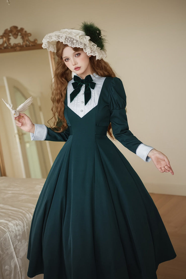 Emerald Donya Stand-Collar Long-Sleeve Gothic Bow OP Dress