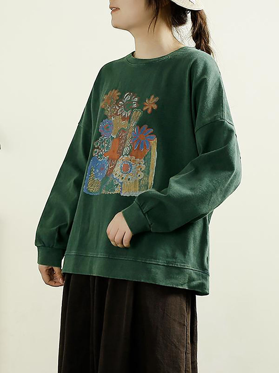 Women Casual Autumn Flower O-Neck Cotton Blouse AT1002