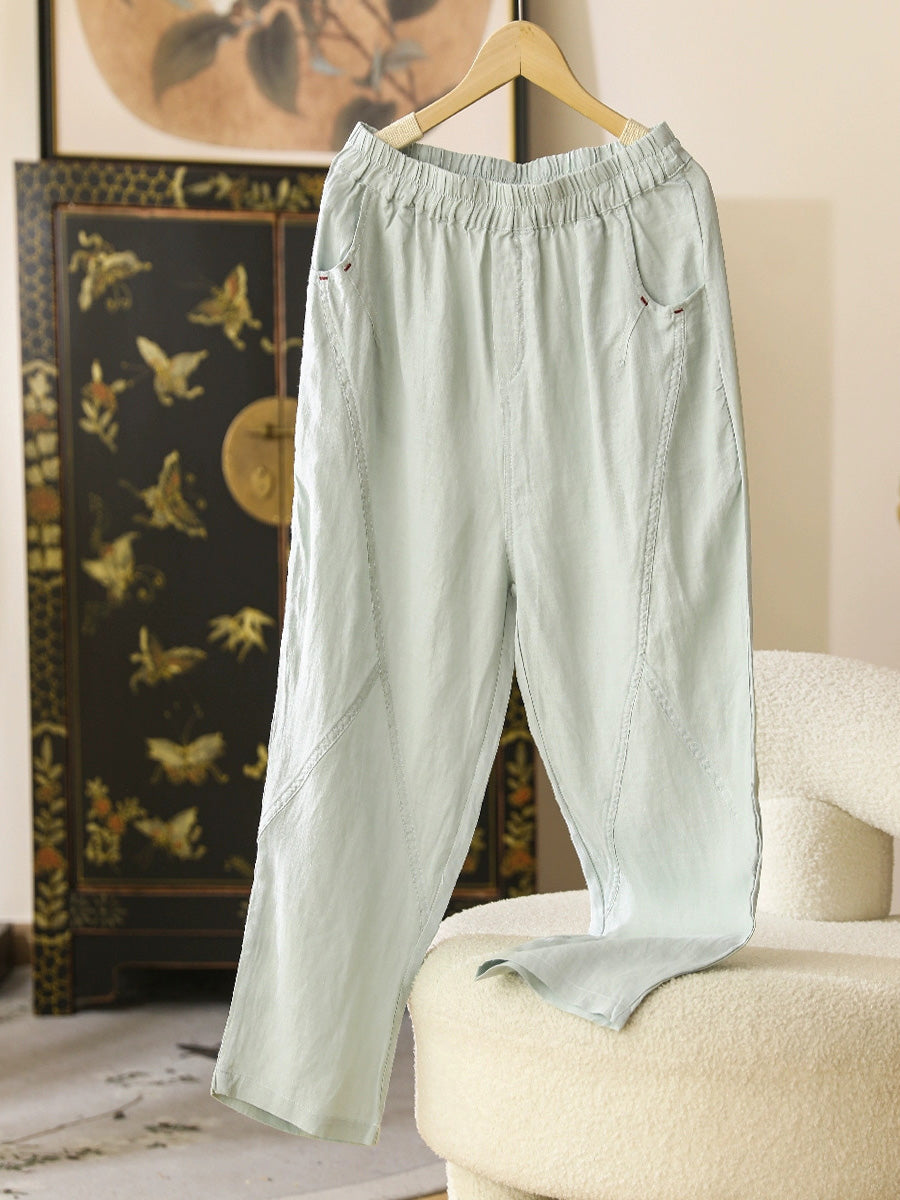 Women Summer Casual Solid Thin Ramie Harem Pants CX051