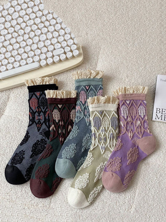 5 Pairs Women Autumn Artsy Flower JAcquard Cotton Socks QM009