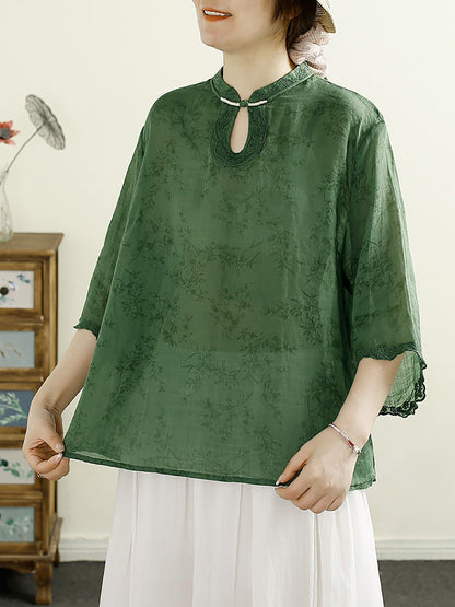 Women Summer Ethnic Floral Embroidery Thin Ramie Shirt HH041