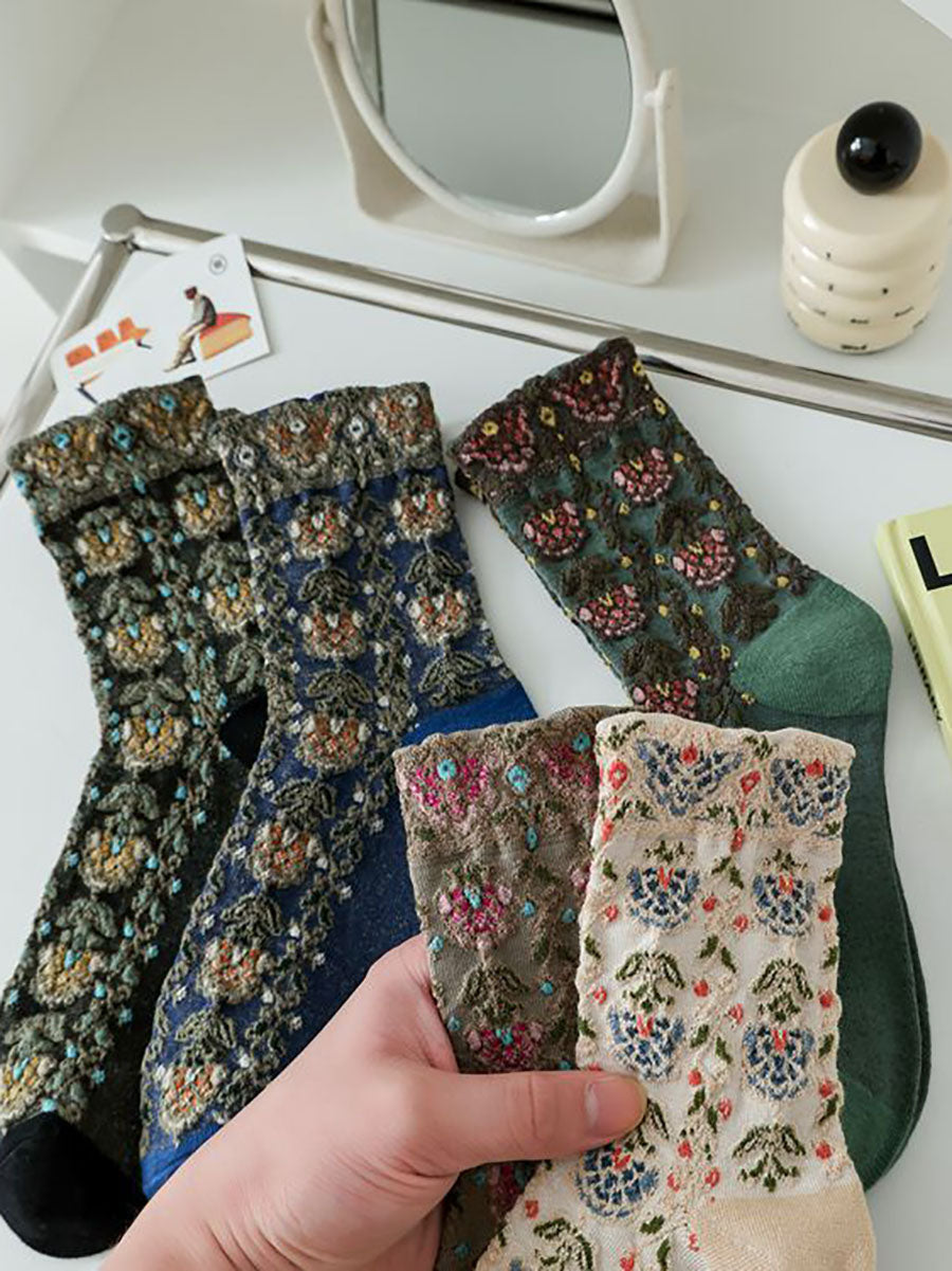 5 Pairs Women Artsy Flower Jacquard Socks AX1028