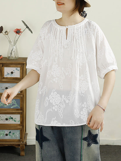 Women Summer Vintage Shirred Embroidery Cotton Shirt HH044