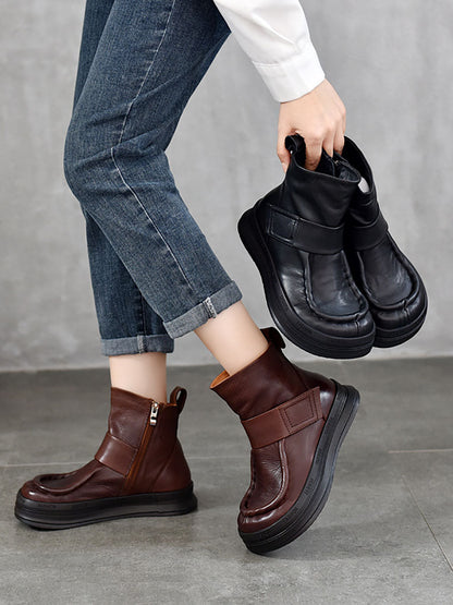 Women Vintage Soft Leather Spliced Flat Ankle Boots AV1023