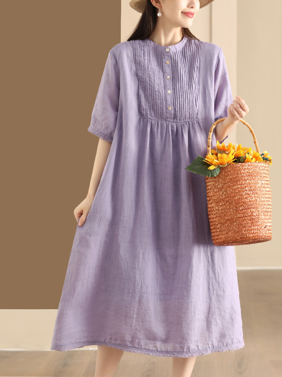 Women Summer Casual Solid Shirred Button Linen Dress HH019