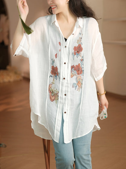 Women Summer Artsy Flower Shirred Button-up Ramie Shirt LL041