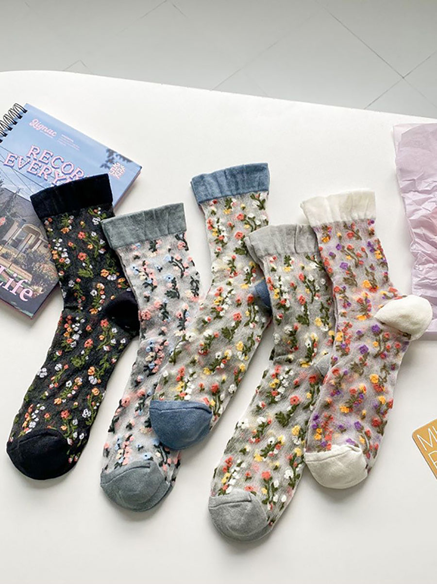 5 Paar dünne Damensocken mit Blumen-Jacquardmuster FG1017