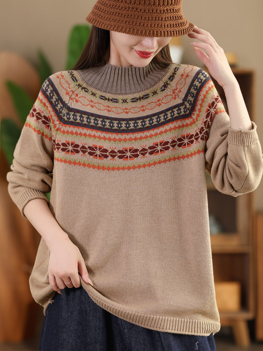 Women Vintage Autumn Jacquard Half Turtleneck Sweater AI1005