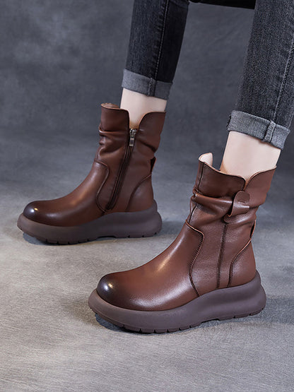 Women Winter Genuine Leather Spliced Low Heel Boots AX1045