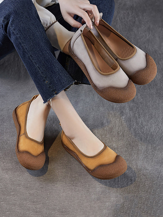 Summer Colorblock Leather Women Flat Genuine Shoes