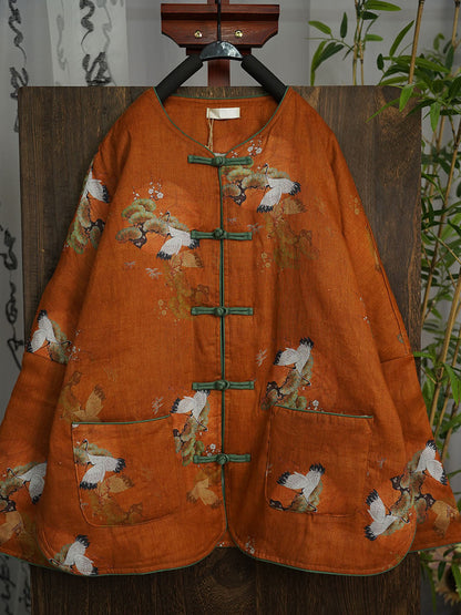 Women Vintage Crane O-Neck Print Linen Padded Coat QU005