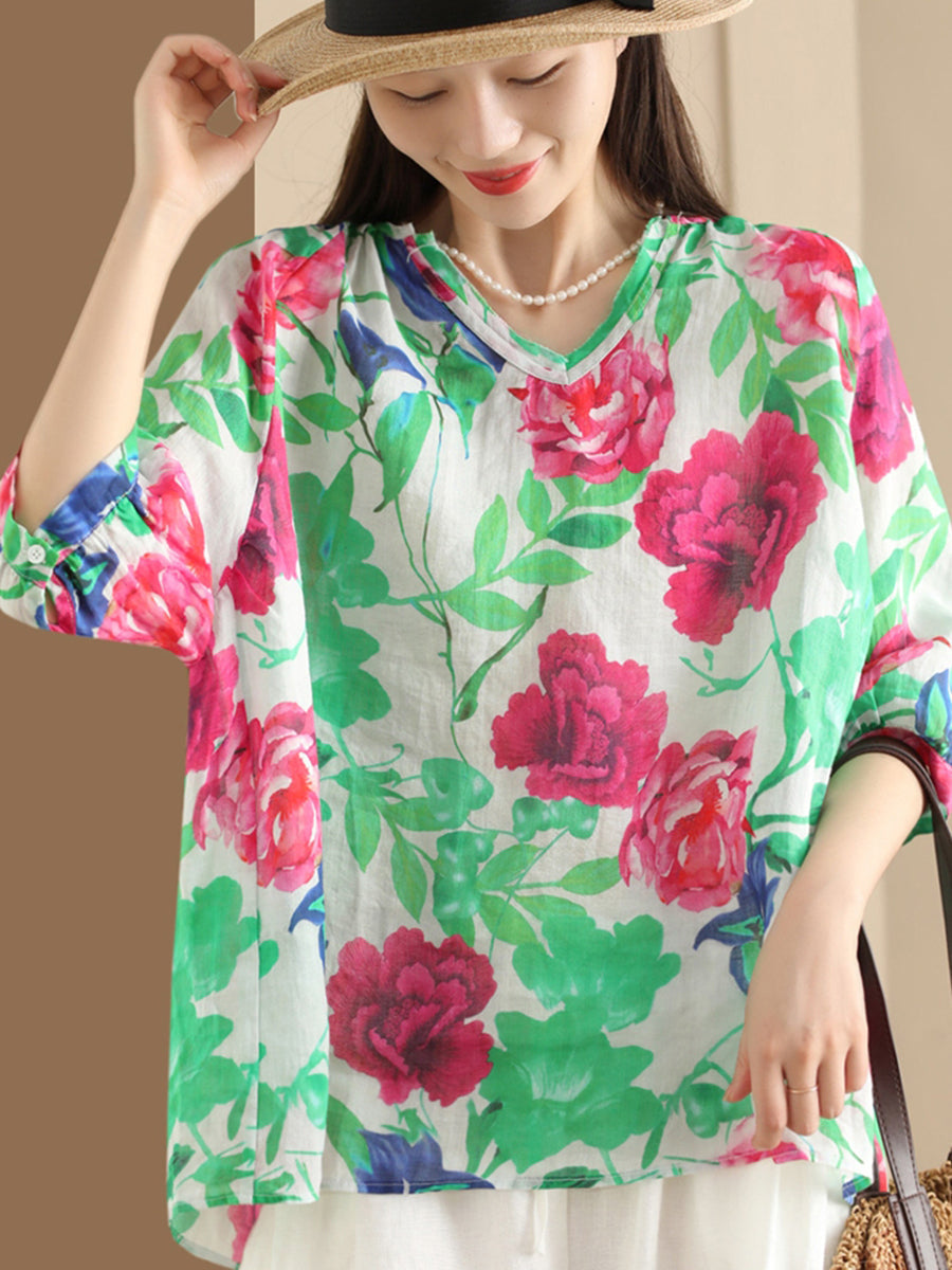 Women Summer Flower V-Neck Ramie Loose Shirt OO1035