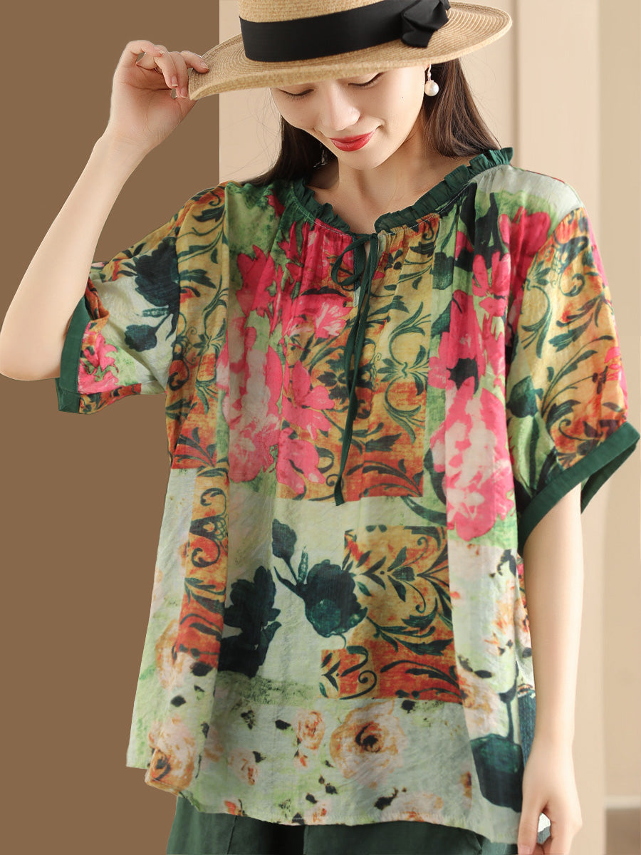 Women Summer Artsy Print Strap Loose Linen Shirt HH046