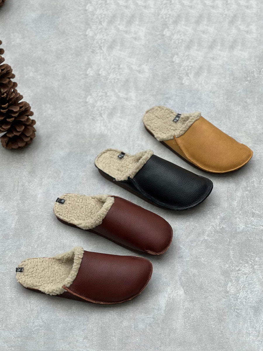 Women Vintage Winter Leather Fleece-lined Flat Slippers AV1041