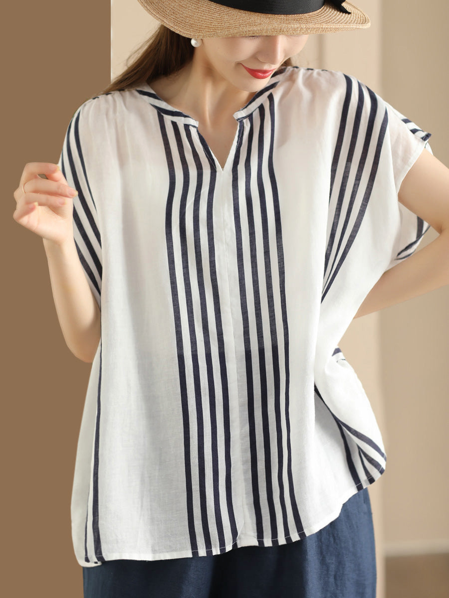 Chemise d'été en lin fin à rayures et col en V pour femme CV1053