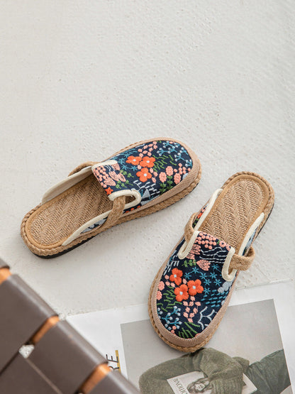 Cotton Ethnic Flower Embroidery Women Slippers Summer